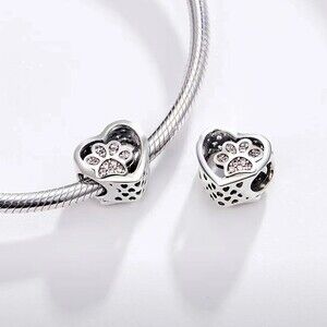 925 Sterling Silver Heart Pet Paw  Pendant For Bracelet Beaded Necklace
